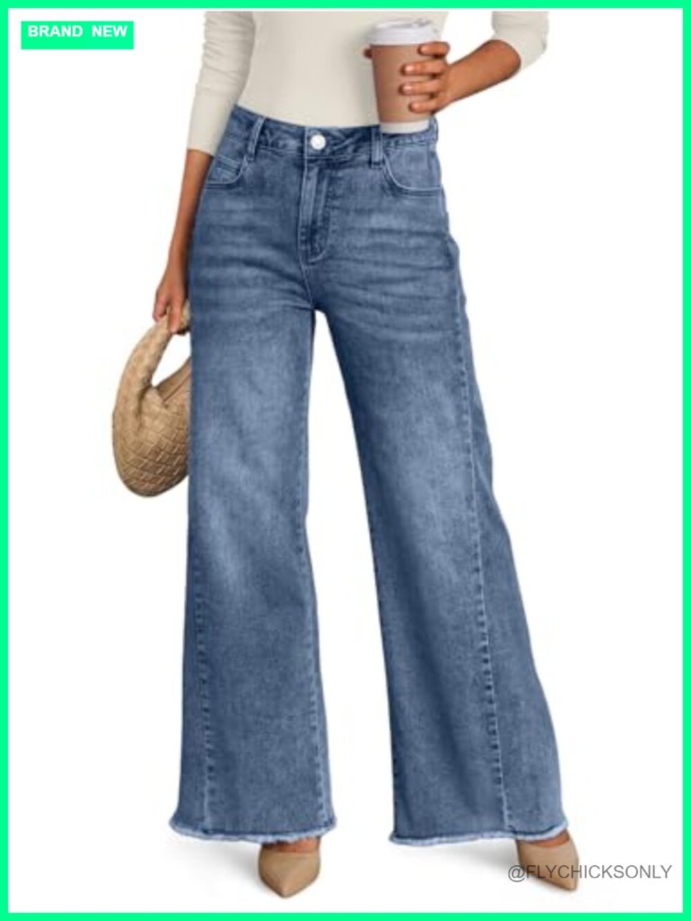 Wide Leg Jeans Relaxed Loose Raw Hem Mid Rise Button Fly Stretch Denim